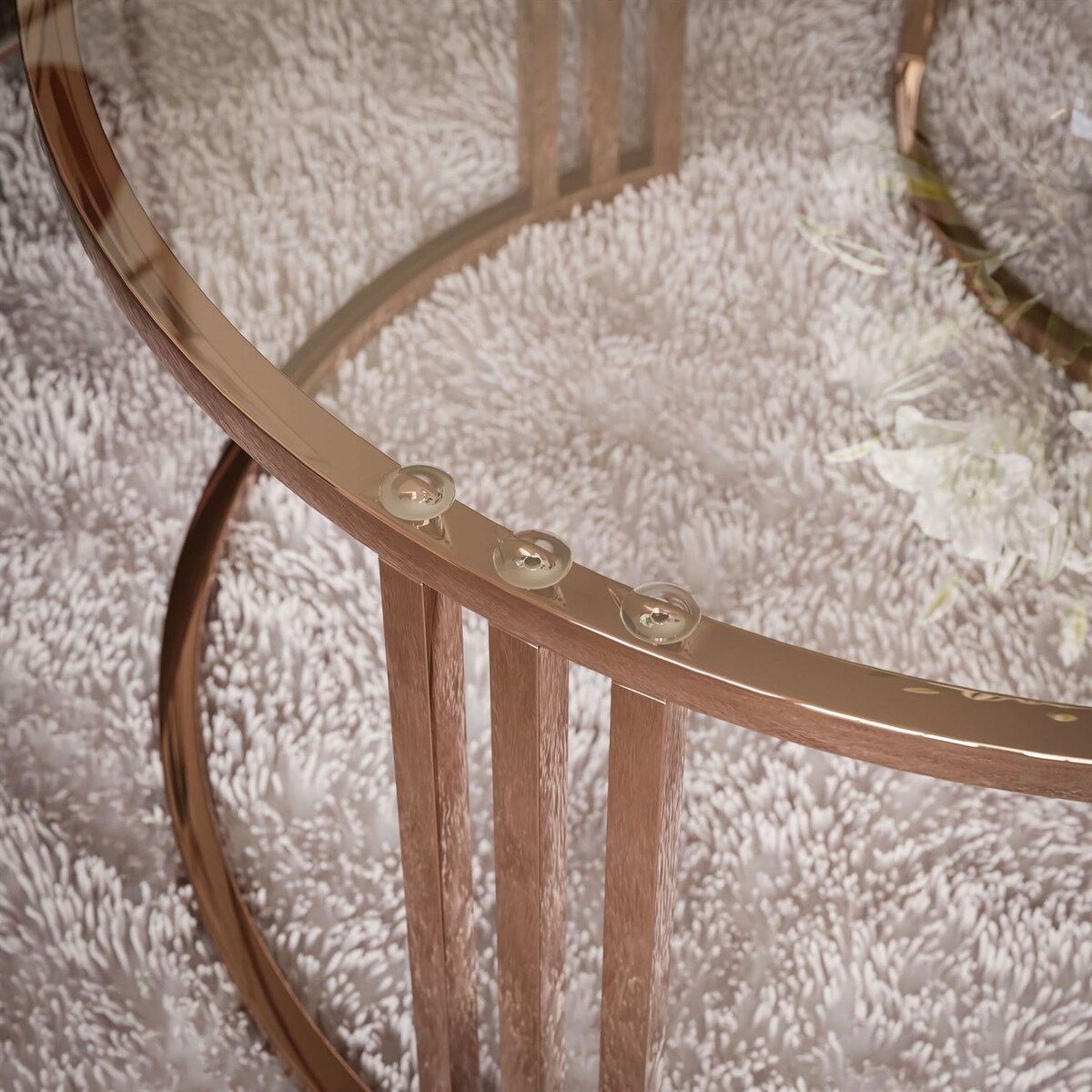 Stolik kawowy LORI 2w1 miedź przezroczyste szkło