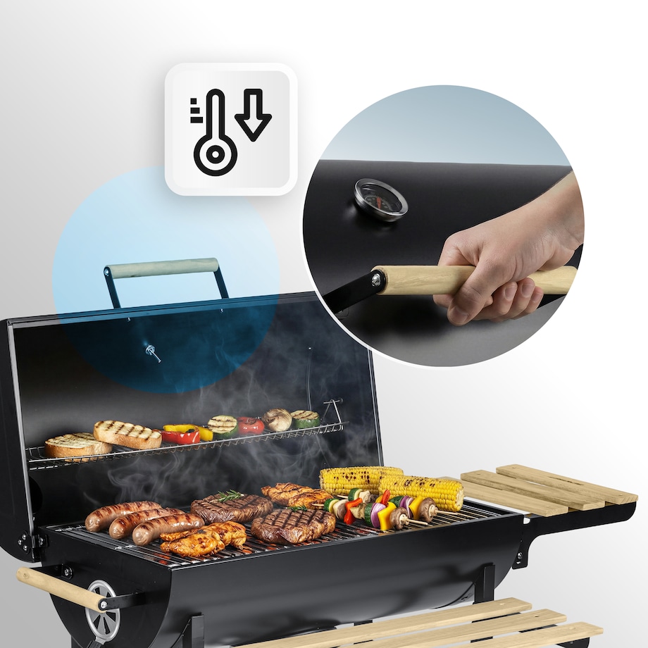 Grill węglowy ogrodowy Berdsen z półkami beczka z kominem + termometr + popielnik