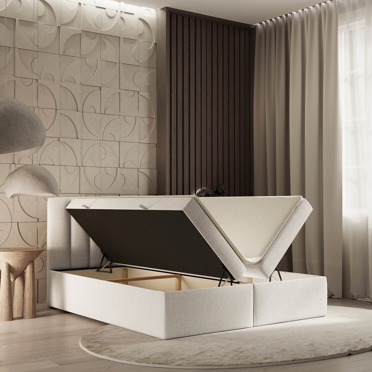 Łóżko tapicerowane AMARO 140x200 z pojemnikiem, Jasny Beż, tkanina Alta 01
