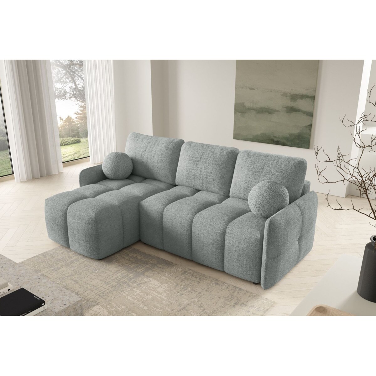 Narożnik MONO z funkcją spania i ozdobnymi poduszkami lewy, szary