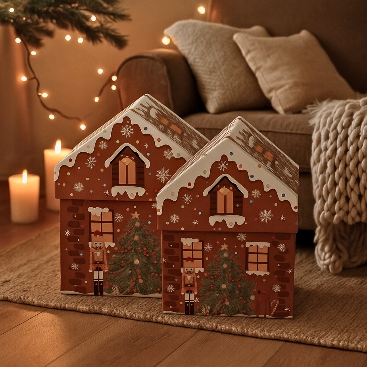 Pudełka świąteczne w kształcie domku, zestaw 2 szt.