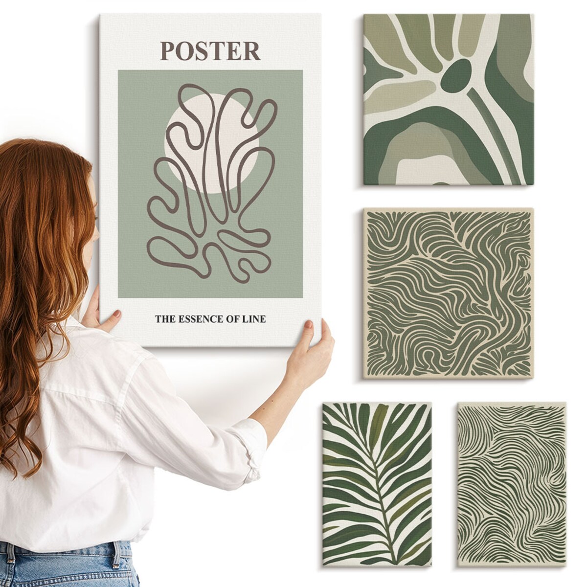 Zestaw 5 obrazów na płótnie - Abstrakcyjne roślinne formy boho - zielony