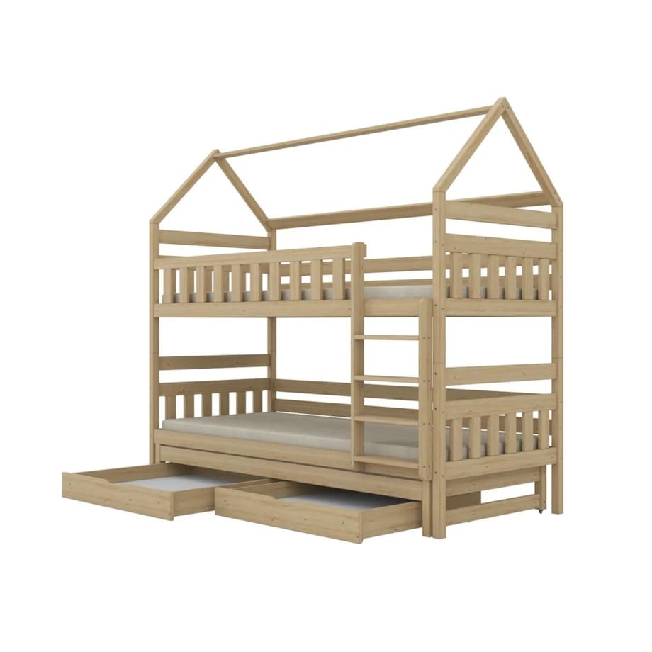 Łóżko piętrowe domek FELIKS 180x90 sosna lakierowana drewniane trzyosobowe z szufladami