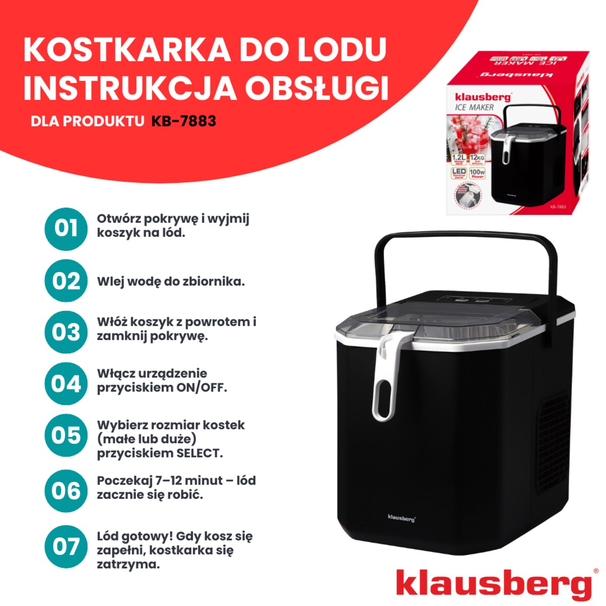 Kostkarka do lodu automatyczna 1.2L 0.6kg 100W LED KLAUSBERG