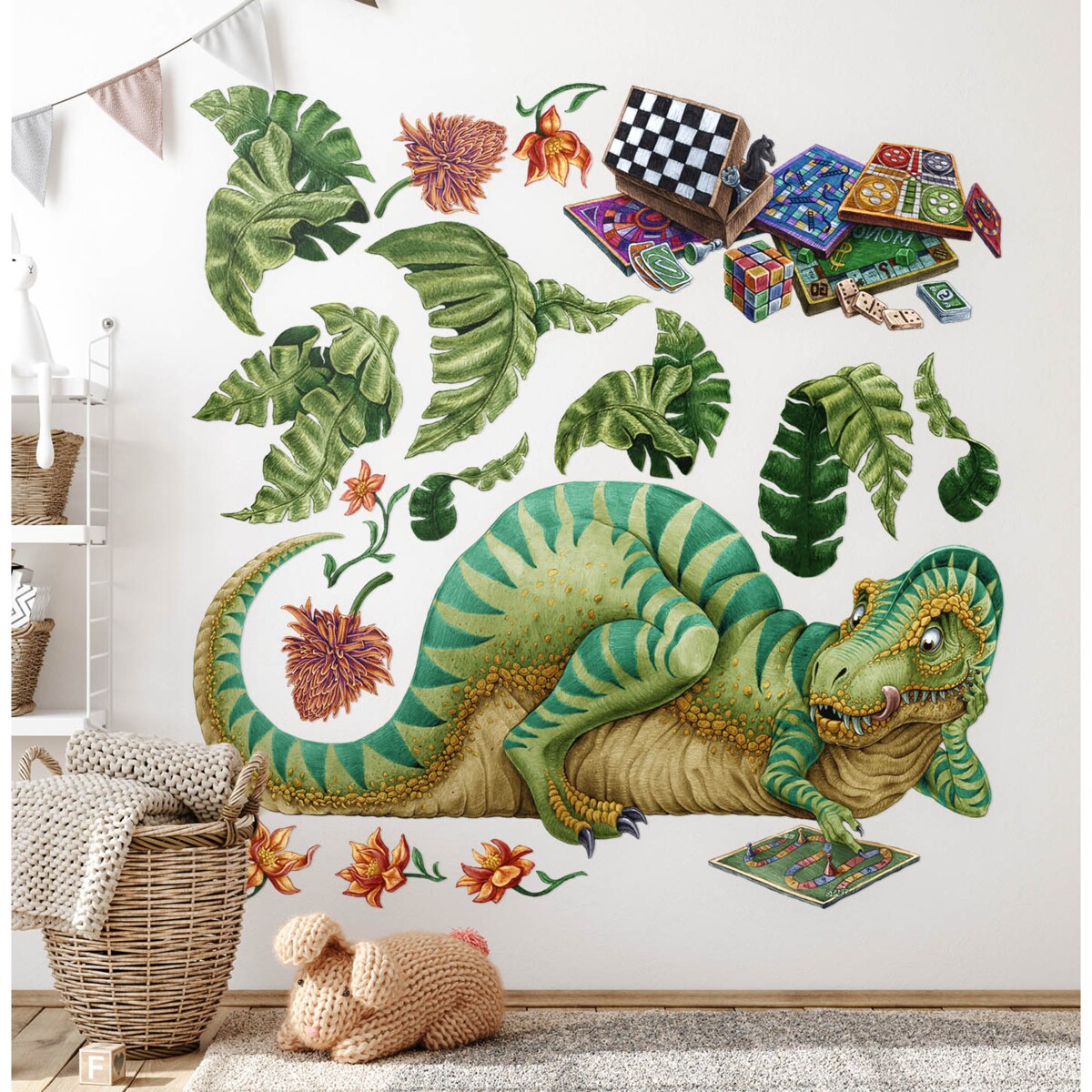 Zestaw naklejek na ścianę, Dinozaur z planszówką, 100cm