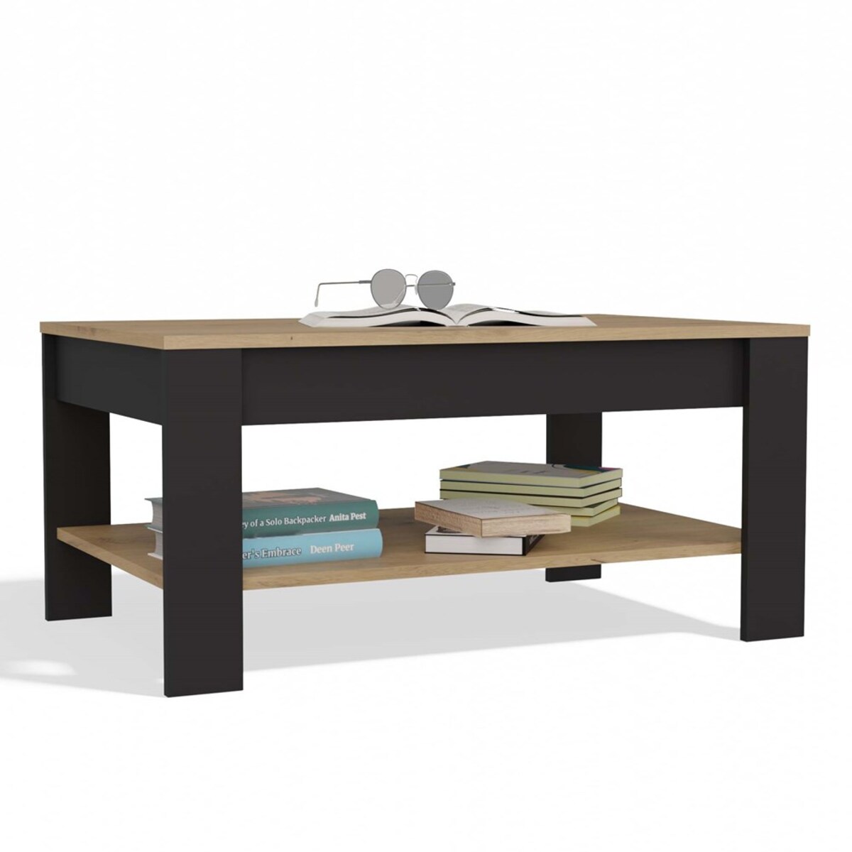 Stolik Kawowy OHIO DĄB ARTISAN CZARNY Ława Półki Do Salonu 93x58x43,5 Cm