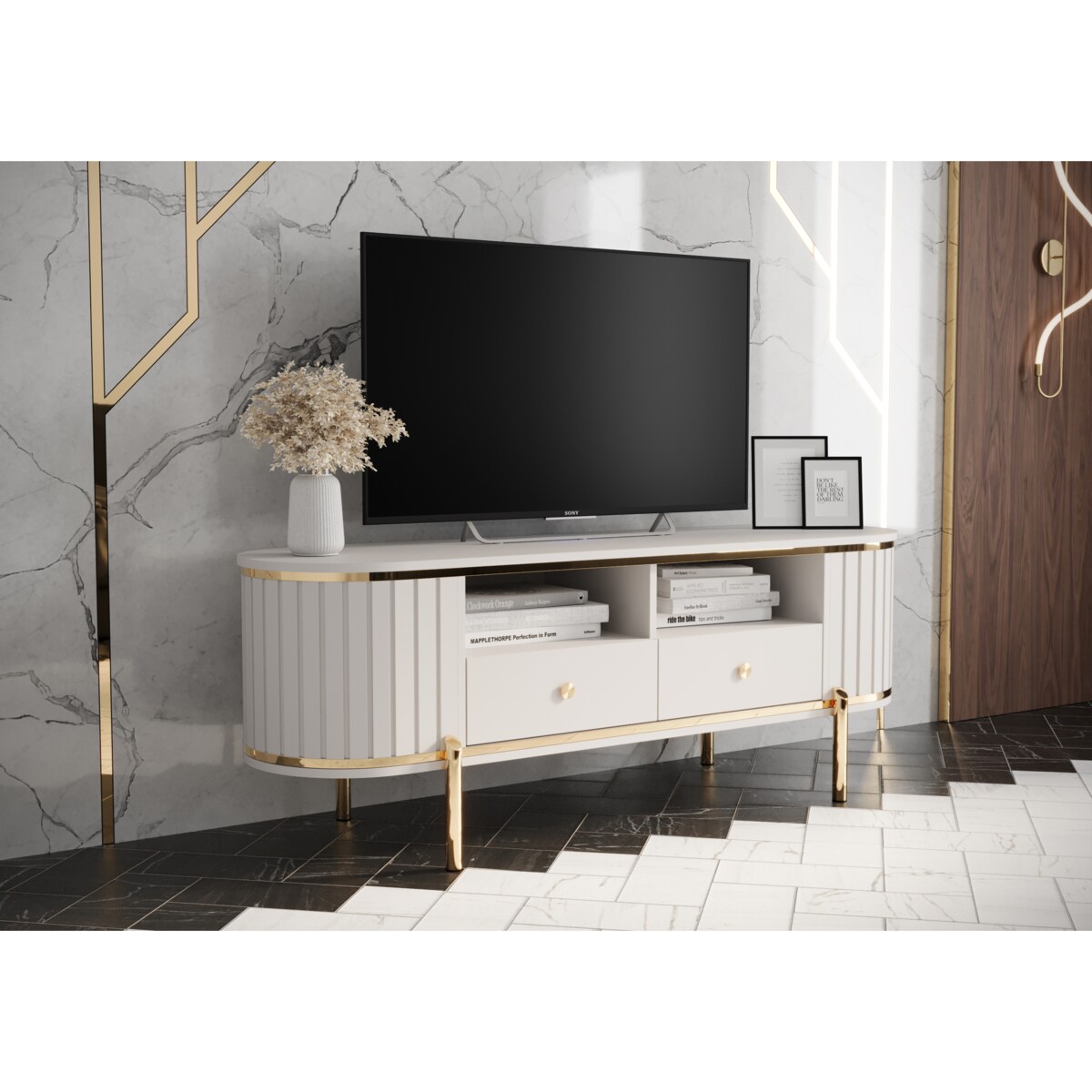 Szafka RTV półokrągła z lamelami NEW YORK 150 biały