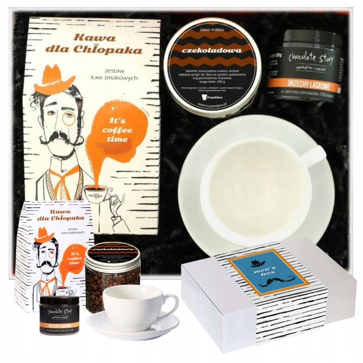 PREZENT UPOMINEK GIFT BOX NA DZIEŃ CHŁOPAKA - ZESTAW KAW SMAKOWYCH, KAWA CZEKOLADOWA, BIAŁA FILIŻANKA, ORZECHY LASKOWE W CZEKOLADZIE - DLA FACETA MĘŻCZYZNY MĘŻĄ NARZECZONEGO