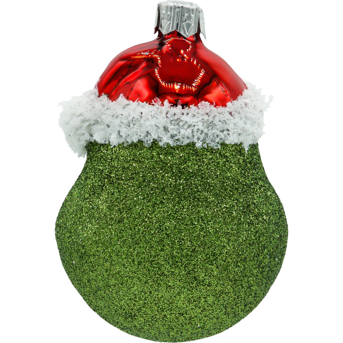 Bombka choinkowa: Zielony stwór Grinch w czapce Mikołaja: brokatowy