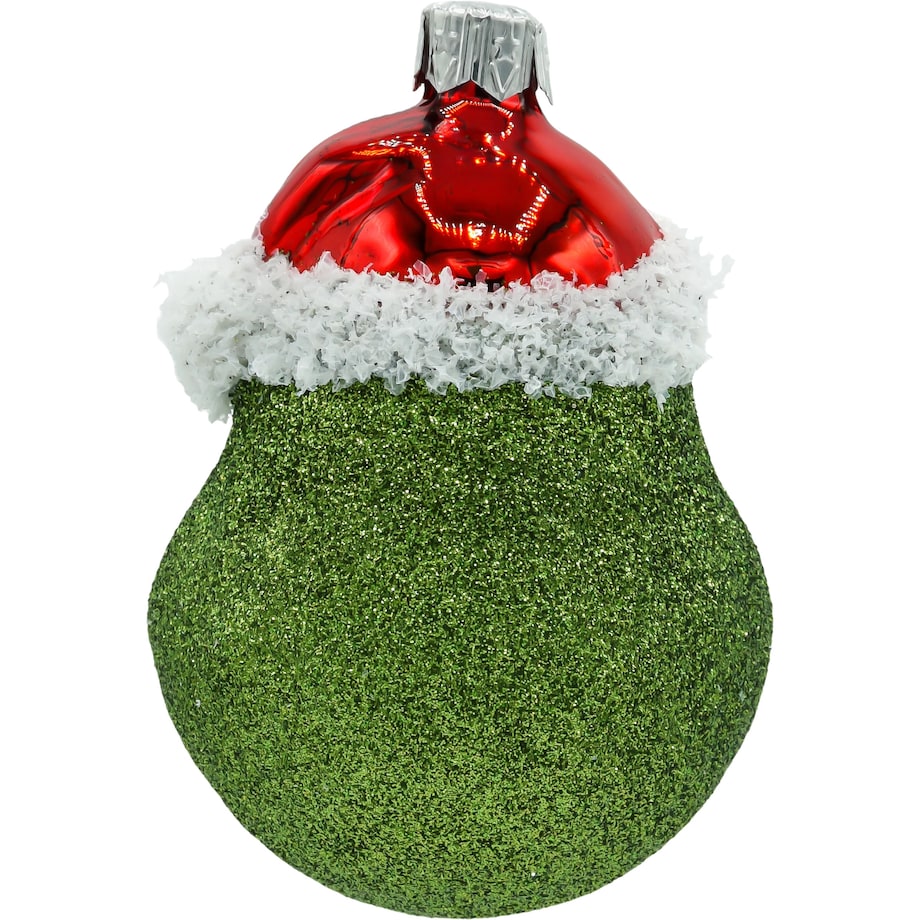 Bombka choinkowa: Zielony stwór Grinch w czapce Mikołaja: brokatowy