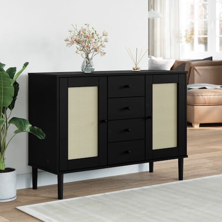 vidaXL Szafka SENJA, imitacja rattanu, czarna, 112x40x80 cm, sosnowa