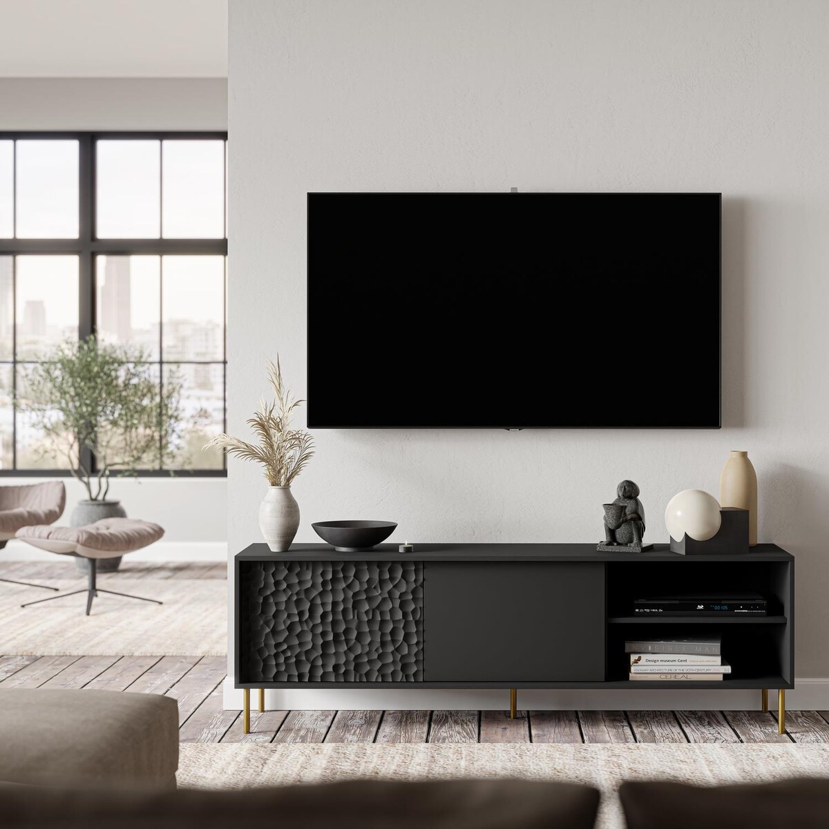 SZAFKA RTV Afir 180/41/58 cm CZARNA DEKOR 3D złote nóżki