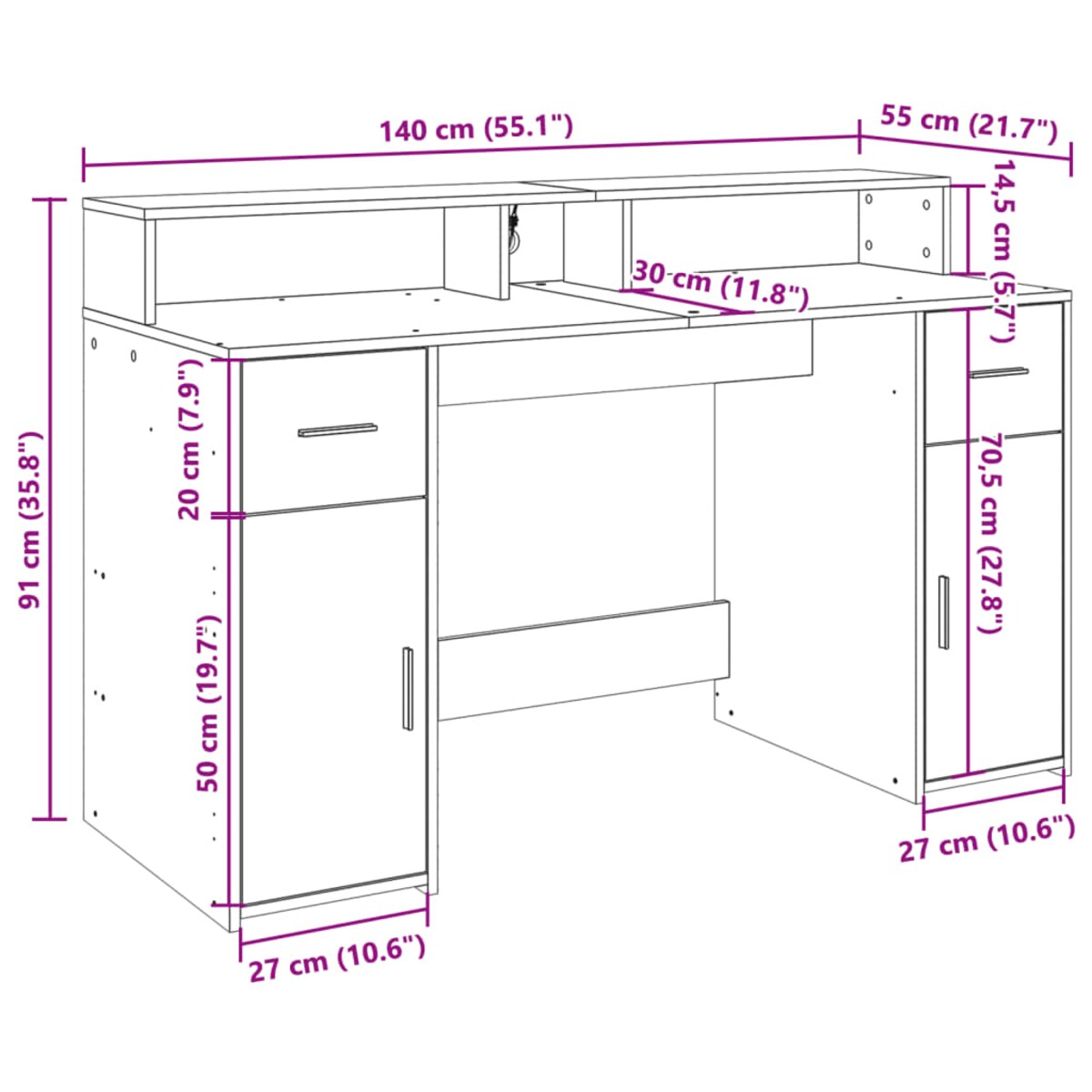 vidaXL Biurko z podświetleniem LED, białe, 140x55x91 cm