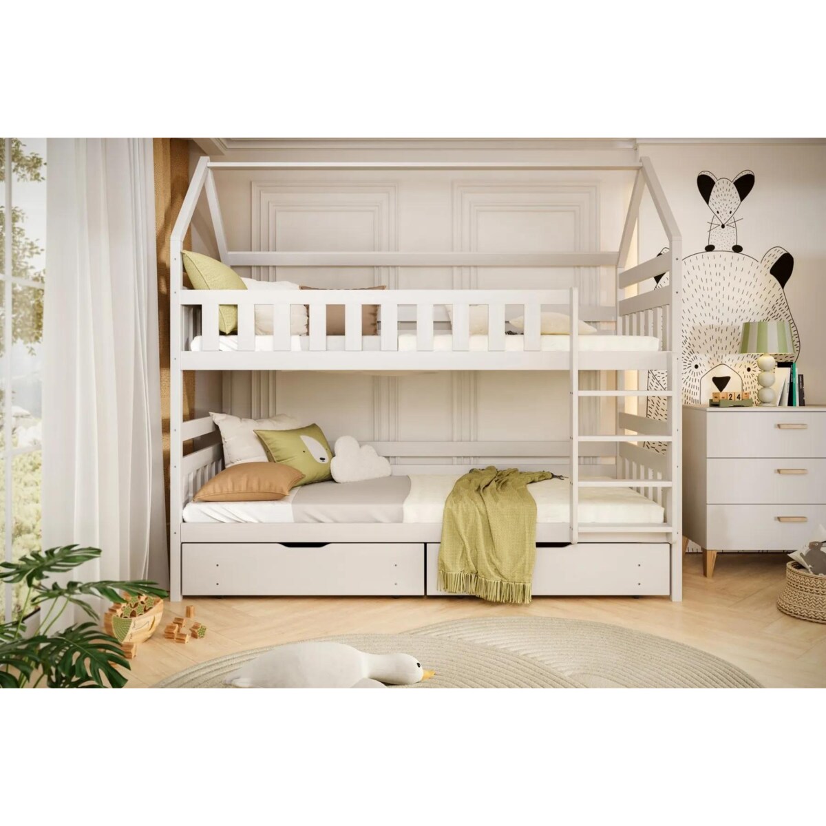 Łóżko piętrowe domek FELIKS 200x80 białe drewniane z szufladami