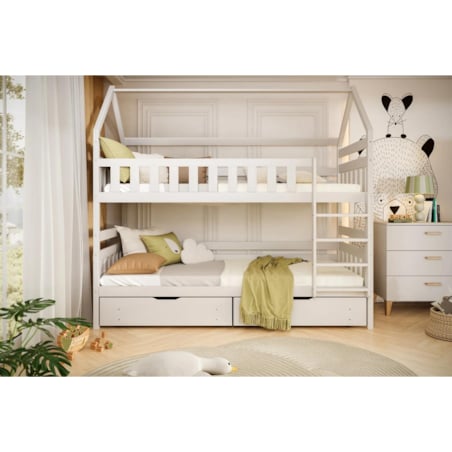 Łóżko piętrowe domek FELIKS 200x80 białe drewniane z szufladami