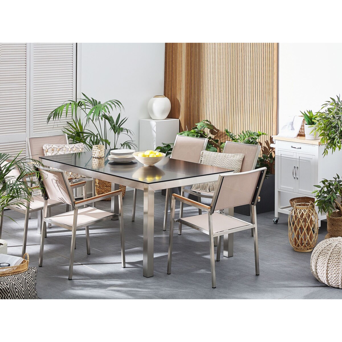 Zestaw ogrodowy stół granitowy czarny i 6 krzeseł beżowych GROSSETO