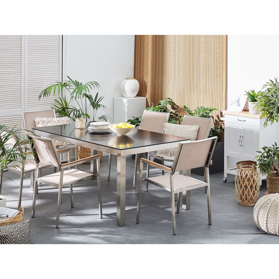 Zestaw ogrodowy stół granitowy czarny i 6 krzeseł beżowych GROSSETO