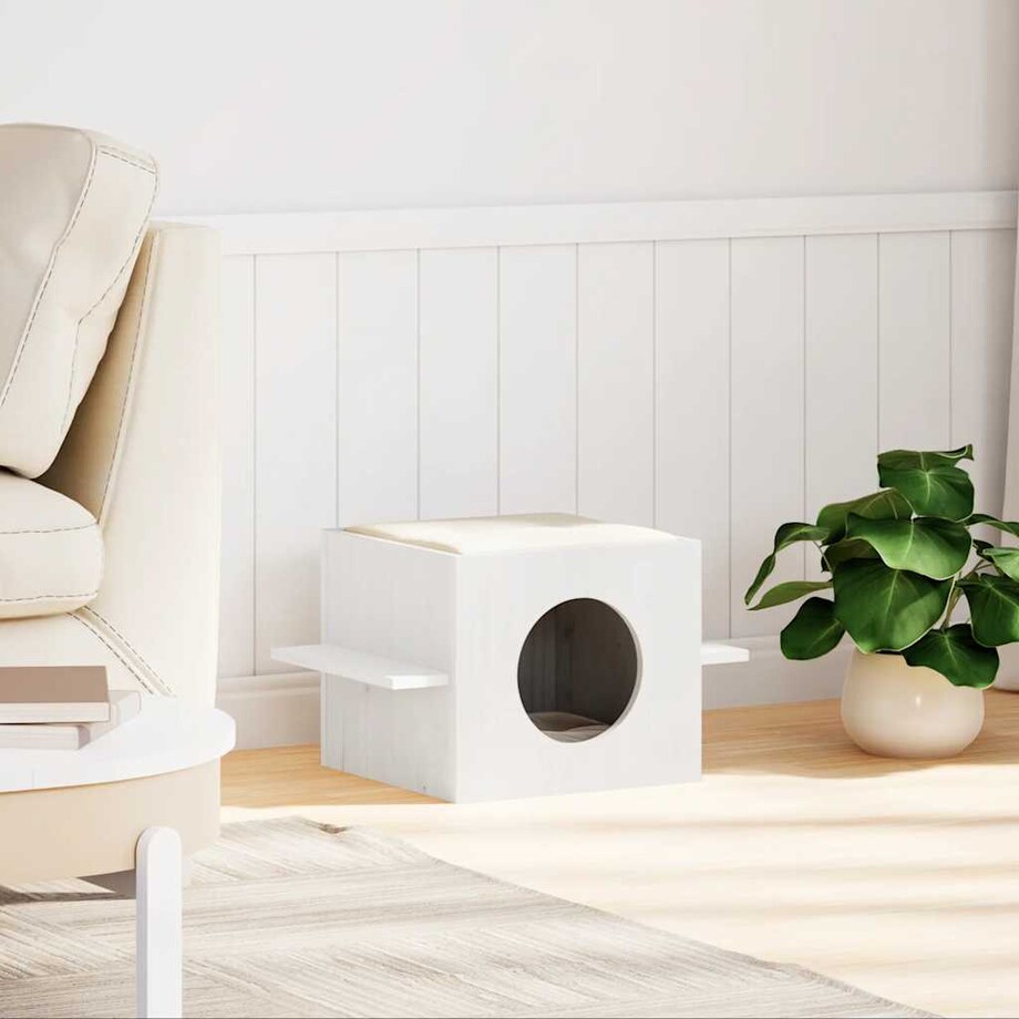 vidaXL Domek dla kota, białe, 51x35x30 cm, lite drewno sosnowe