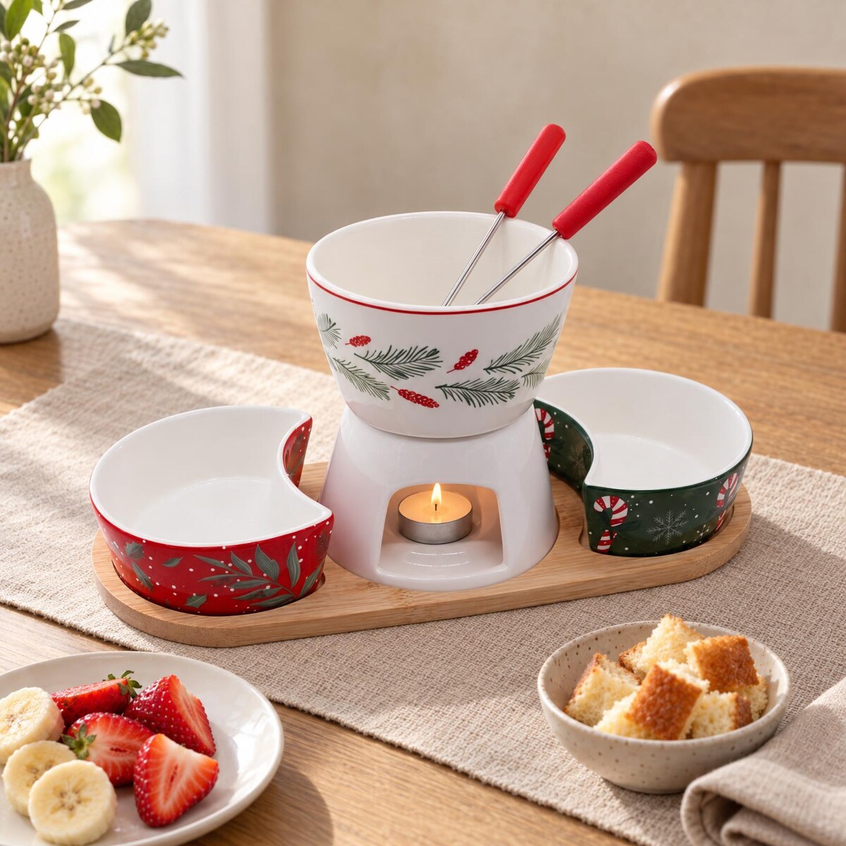 Zestaw do fondue porcelanowy z tacą bambusową, taca 21 x 12 cm