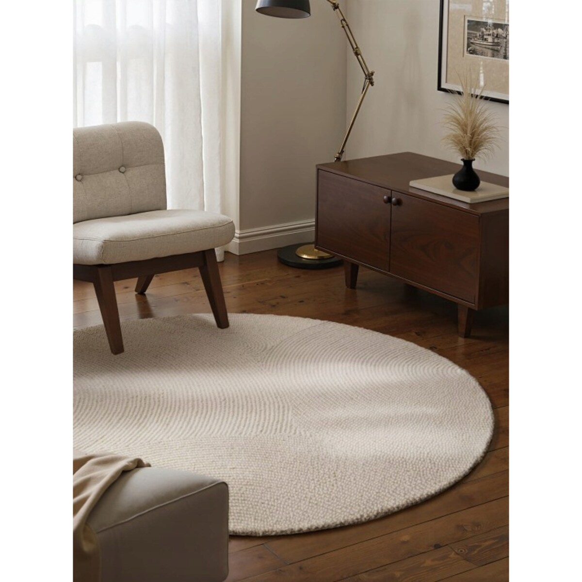 Dywan okrągły wełniany do salonu 120cm, kremowy wzór w półkola, efekt 3d