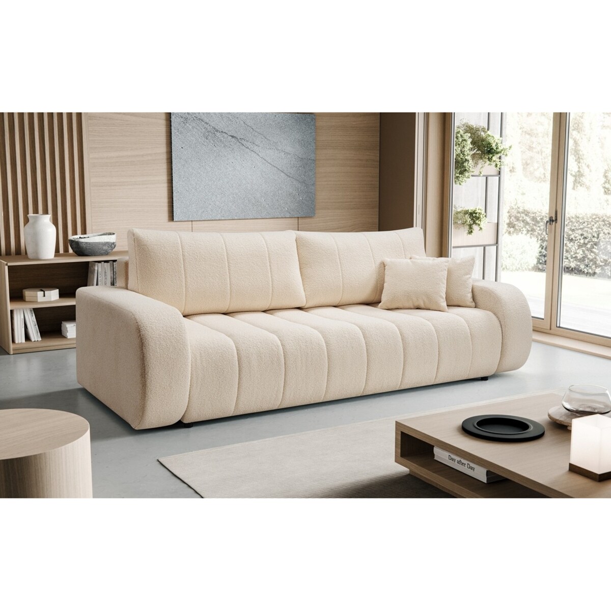 Sofa rozkładana ALOO obita tkaniną boucle z ozdobnymi poduszkami kremowa