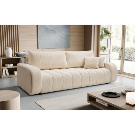 Sofa rozkładana ALOO obita tkaniną boucle z ozdobnymi poduszkami kremowa
