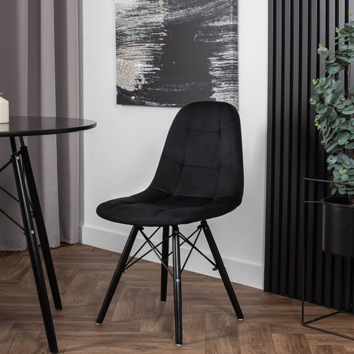 Krzesło tapicerowane skandynawskie czarne welurowe pikowane nowoczesne
