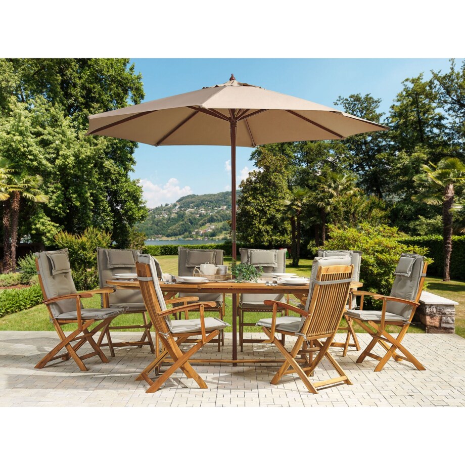 Zestaw ogrodowy stół i 8 krzeseł z szarobeżowymi poduszkami i parasolem MAUI