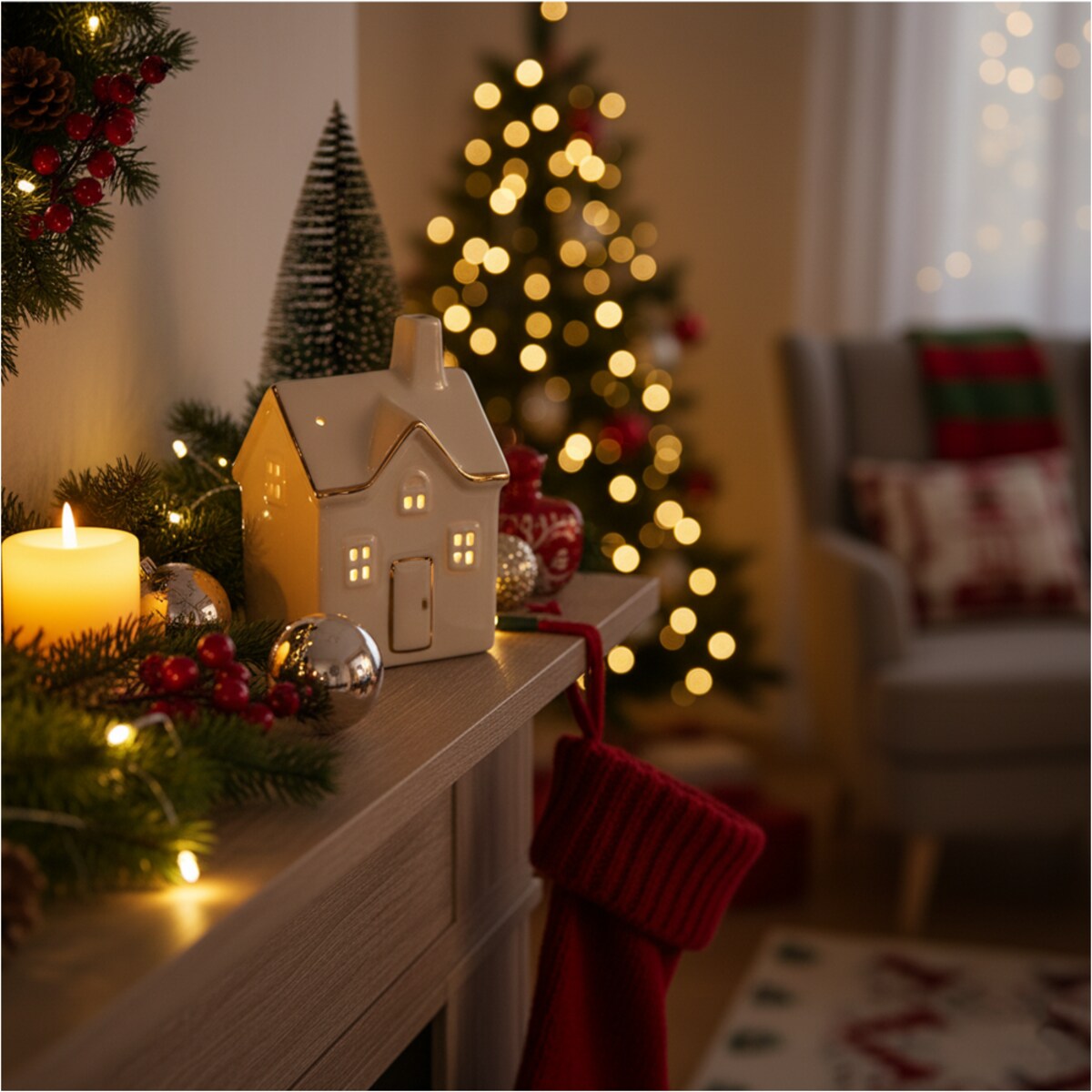 Domek Porcelanowy Ozdoba Na Parapet 12,5 Cm Świąteczna Led Na Baterie Boże Narodzenie