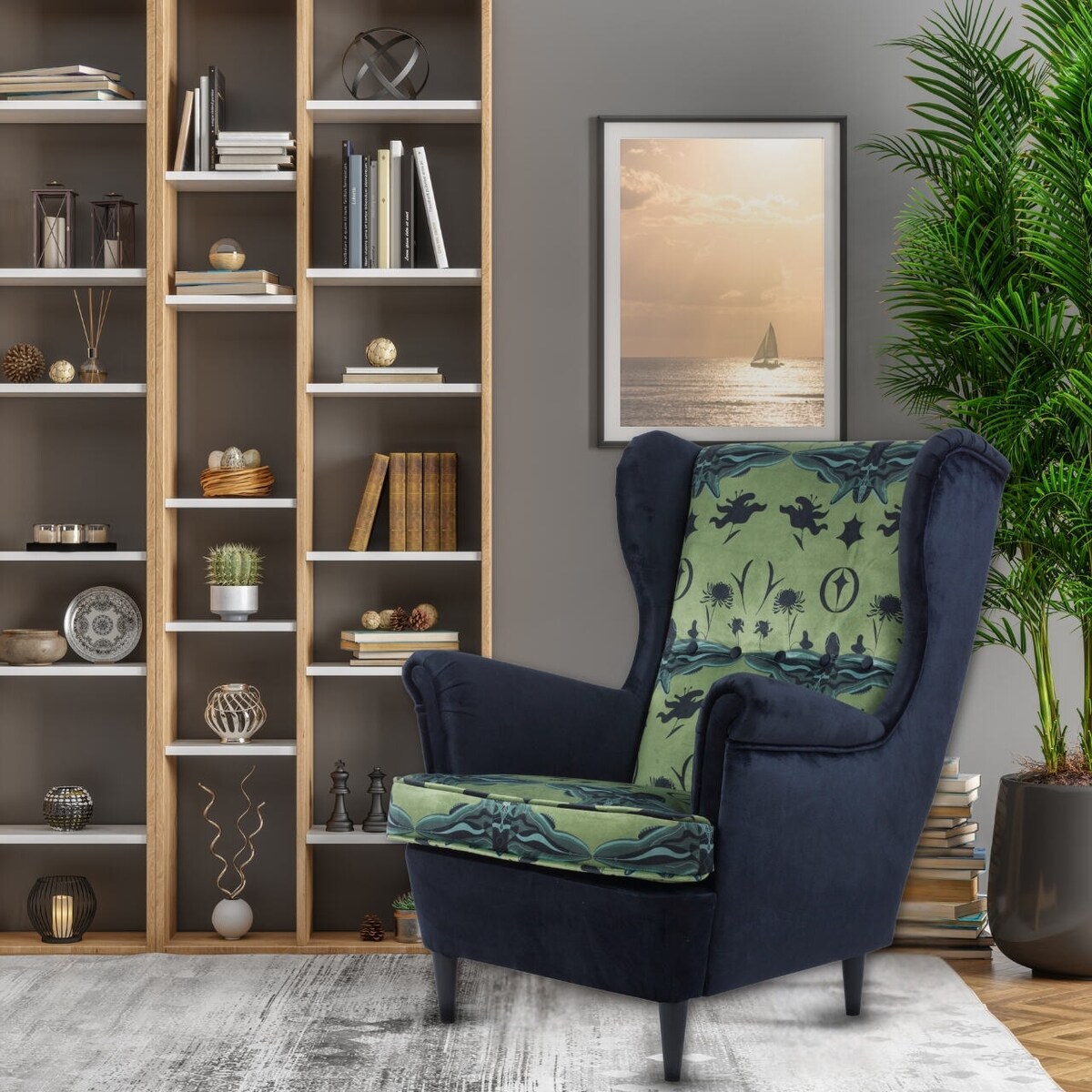 Fotel uszak Richmond velvet – elegancki fotel wypoczynkowy do salonu i sypialni z autorskim wzorem