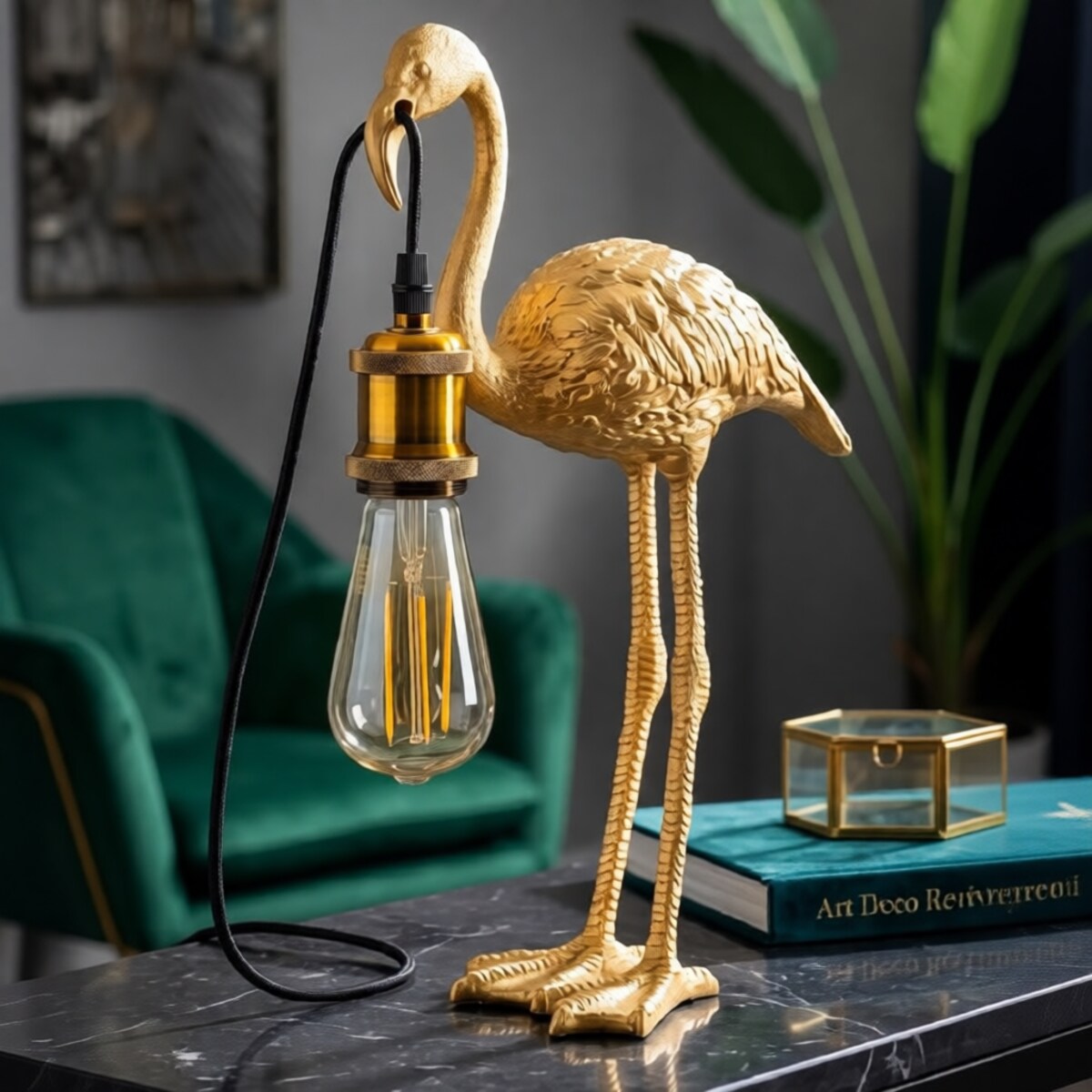 Lampa stołowa Flamingo, kolor złoty, żywica syntetyczna, 13 x 11,5 x 39,5 cm, 1 x E27, do salonu i sypialni, Mauro Ferretti