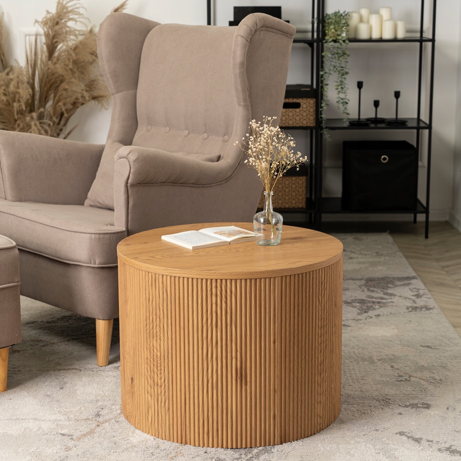 Stolik Kawowy Okrągły Loft Mały Dąb Lamel Nowoczesny Okrągła Ława CLOVER