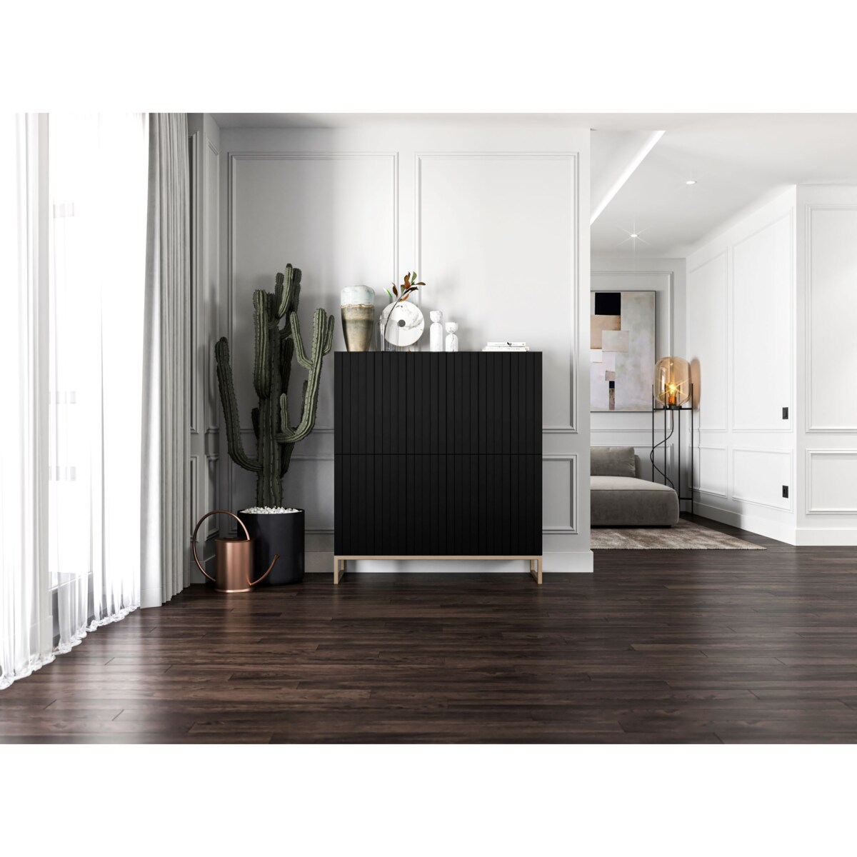 Komoda RTV Glamour Szafka RTV Glamour Czarny Mat Ryflowane Fronty 112 cm