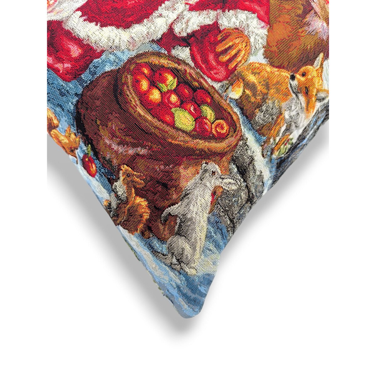 Dwustronna poduszka z wypełnieniem z Mikołajem i sarenką 45x45 z tkaniny gobelinowej