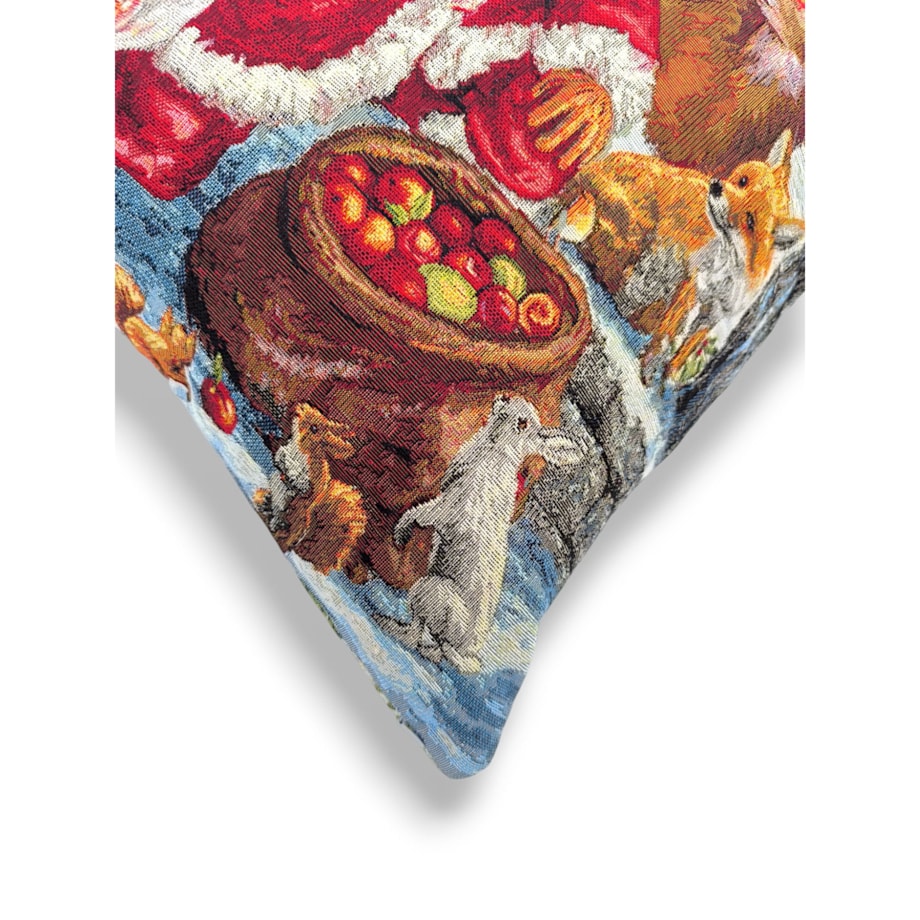 Dwustronna poduszka z wypełnieniem z Mikołajem i sarenką 45x45 z tkaniny gobelinowej