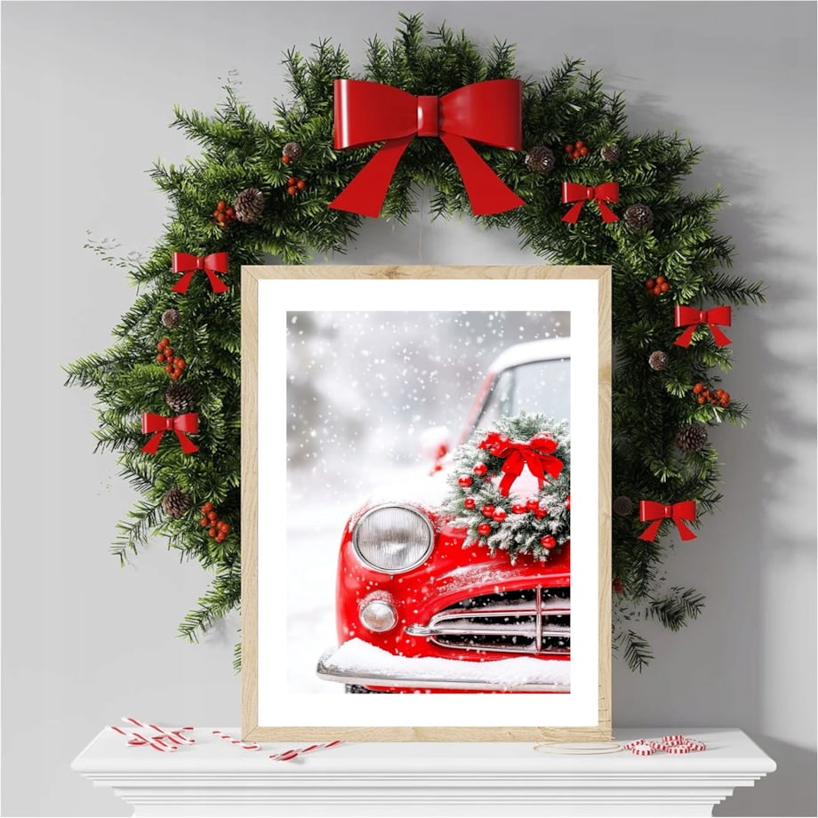 Poster Story, Plakat, Obraz - Świąteczne Czerwony Samochód z Bożonarodzeniowym Wieńcem, wymiary 42 x 60 cm