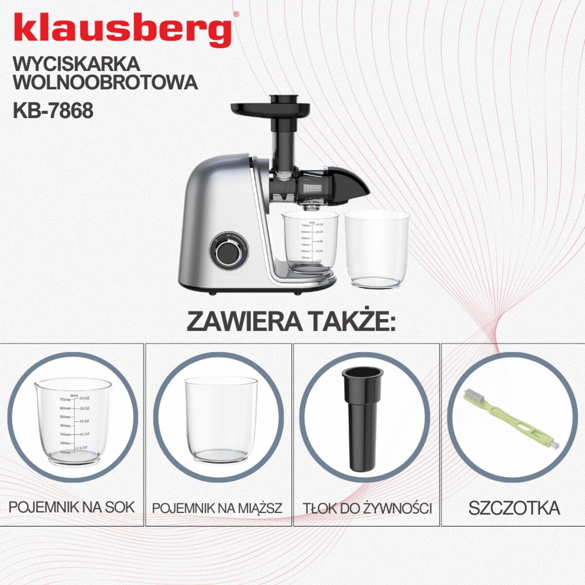 Sokowirówka wolnoobrotowa 150W do owoców i warzyw COLD PRESS KLAUSBERG KB-7868