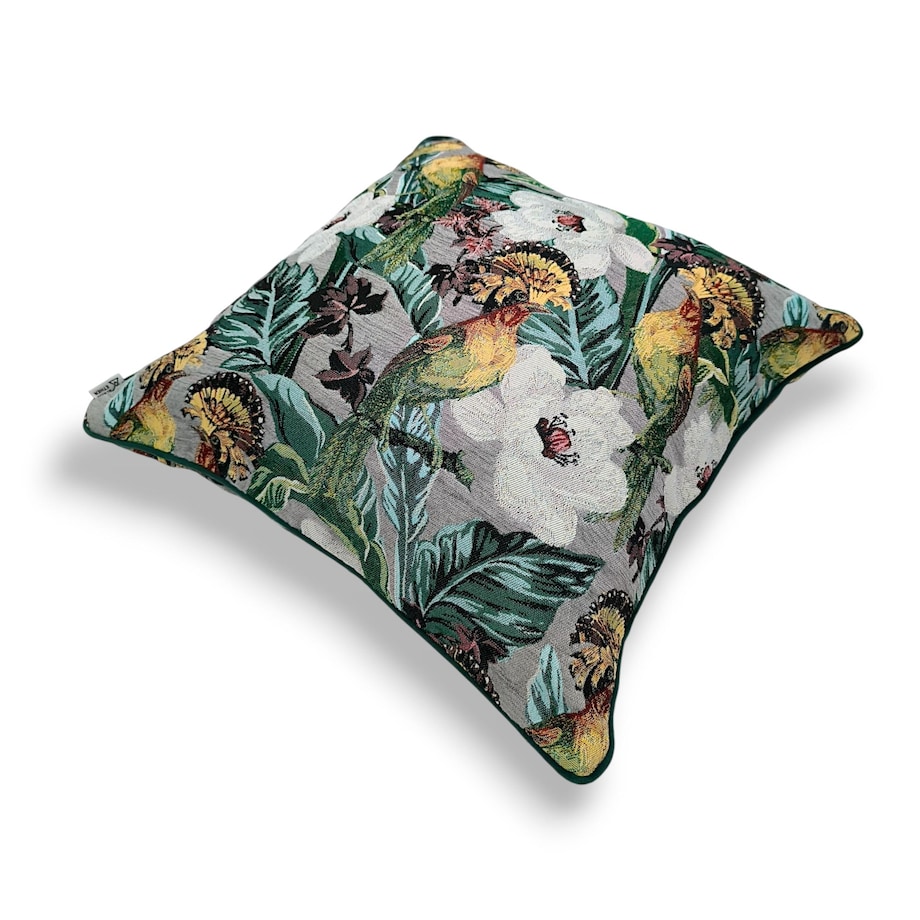 Poduszka dekoracyjna w liście i ptaki 45x45 - Echo Puszczy - polski żakard