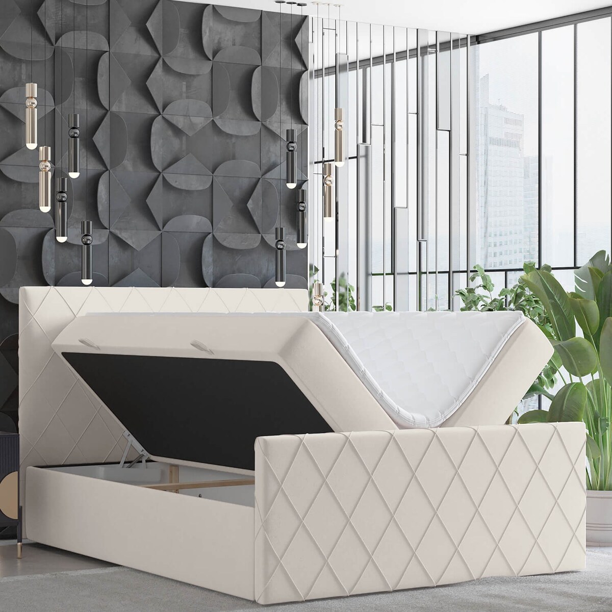 Łóżko kontynentalne PLATINE 140x200 z pojemnikiem, Jasny Beż, tkanina Magic Velvet 2201