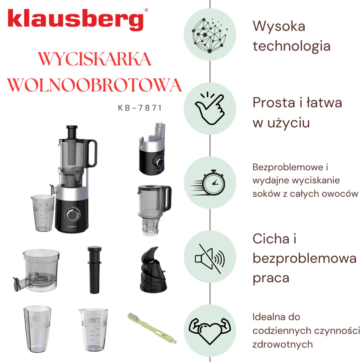 Sokowirówka wolnoobrotowa 180W do owoców i warzyw COLD PRESS KLAUSBERG KB-7871