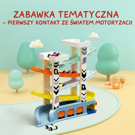Tor wyścigowy dla dzieci – zjeżdżalnia z autami, garażami i stacją benzynową 18 mies.+ Top Bright