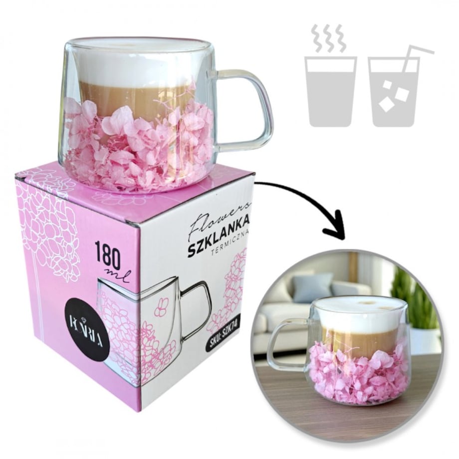 Szklanka termiczna z hortensją w środku jasny róż 180 ml 1szt SZK74