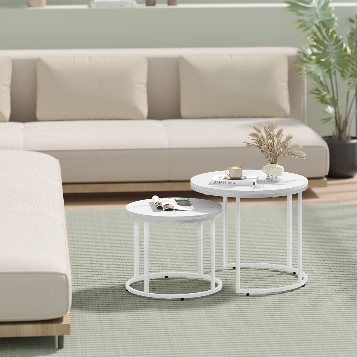 Stolik Kawowy Okrągły elegancki idealny do salonu 2 Sztuki - Marmur / Nogi Białe