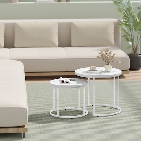 Stolik Kawowy Okrągły elegancki idealny do salonu 2 Sztuki - Marmur / Nogi Białe