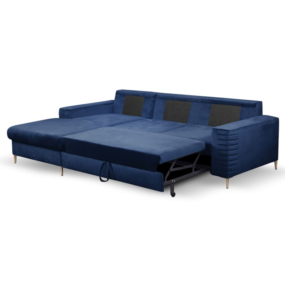 Narożnik rozkładany z zagłówkiem i pojemnikiem OLI, lewostronny, granatowy