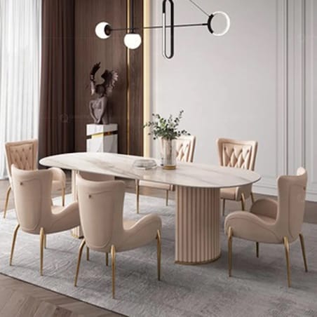 Nowoczesny złoty stół plisowany Glamour Nowojorski Blanka z kamiennym blatem o wzorze marmuru 180x90x75 / do jadalni