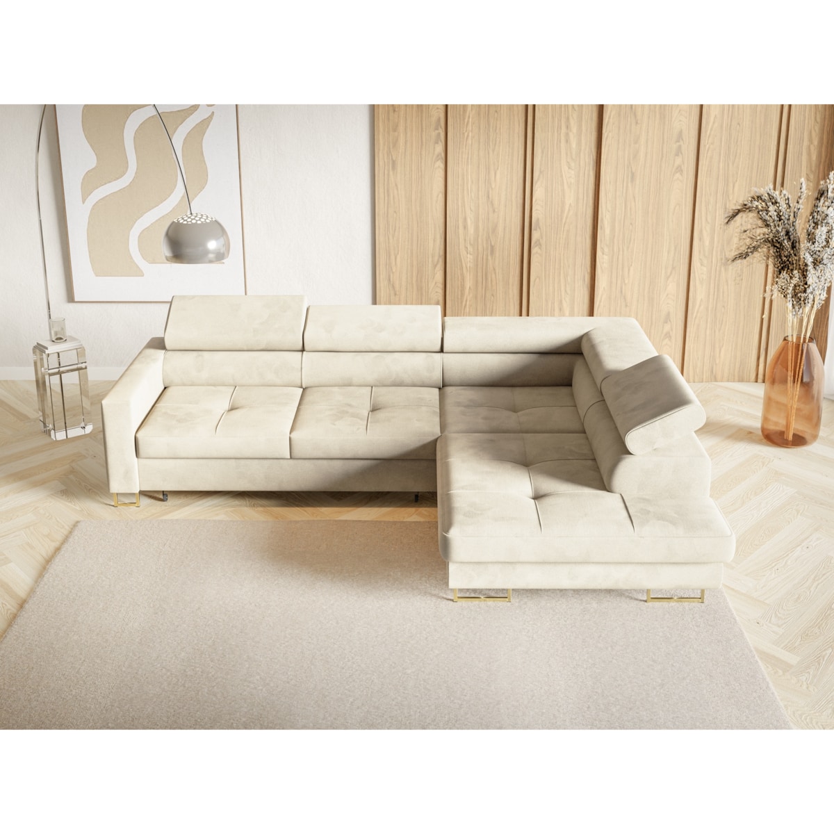 Narożnik rozkładany MERY z regulowanymi zagłówkami na złotych nóżkach prawy