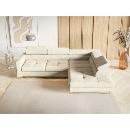 Narożnik rozkładany MERY z regulowanymi zagłówkami na złotych nóżkach prawy