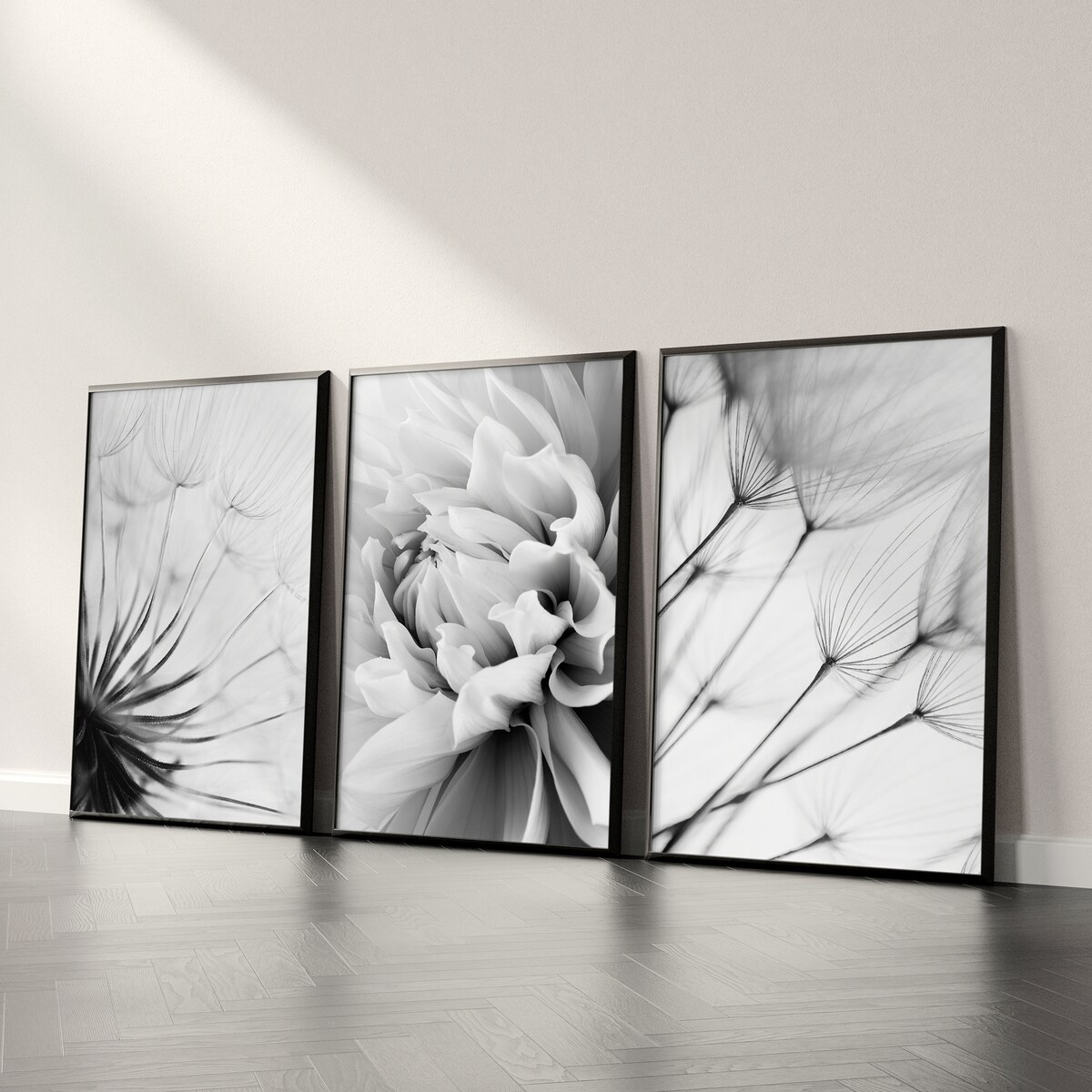 ZESTAW X3 PLAKAT W RAMIE CZARNO-BIAŁE KWIATY DMUCHAWCE DO SYPIALNI 60x80cm