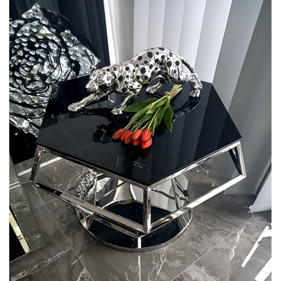 Nowoczesny srebrny stolik kawowy / ława w kształcie diamentu z szybą czarną 80x80x50